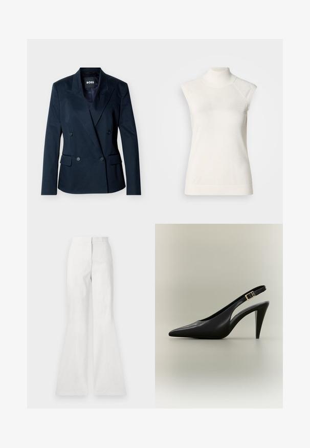Tumesinine topeltkraega pintsak tipuettevõttega, neli musta nööpi, kaks esist taskut kaanega ja sisemine "BOSS" silt.; Varrukateta valge turtleneck-top, valmistatud pehmest materjalist; omab istuvat lõiget, kõrget kaelust ja õrna soonikkoelist tekstuuri ääres.; Kergedatud valged püksid, mis on valmistatud kerge kangaga, omavad sileda tekstuuri, ees olevat õmblust ja hästi istuvat vööd.; Must nahast terava ninaga kõrgete kontsadega pahkluu rihmik, millel on kuldne pandla ja kitsa kontsaga neutraalsel taustal.