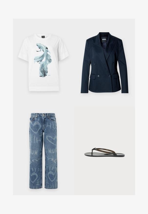 Blazer azul marino de doble botonadura con solapas de pico, cuatro botones negros, dos bolsillos frontales con solapa y etiqueta interior "BOSS".; Camiseta blanca con un gráfico detallado de un pez betta azul claro centrado en el frente y un pequeño logo de BOSS debajo del pez.; Jeans de mezclilla azul de pierna ancha con un lavado desgastado, decorados con patrones de corazones blancos y textos, cinco bolsillos y cierre estándar con botón.; Sandalia plana tipo flip-flop negra y brillante con tiras finas que cruzan sobre el pie y una sujeción entre los dedos, sobre un fondo claro y liso.