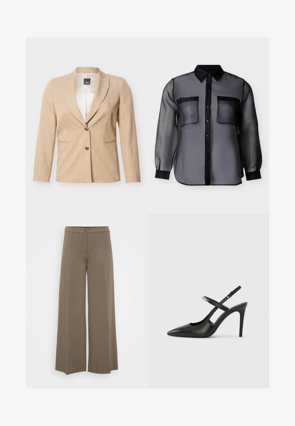 Beige skræddersyet blazer med to knapper og hakkede revers, med indsatte lommer og en glat inderfor.; Sort transparent bluse med lange ærmer, med ensfarvet krave, knapliste, manchetter og to brystlommer, vist på en ensfarvet baggrund.; Breddebenede bukser i en ensfarvet brun stof, med knaplukning, glat for og blød tekstur, designet til en afslappet pasform.; Sorte læder slingback-højhæle med spids tå, udskåret design og justerbar rem med metalhardware.