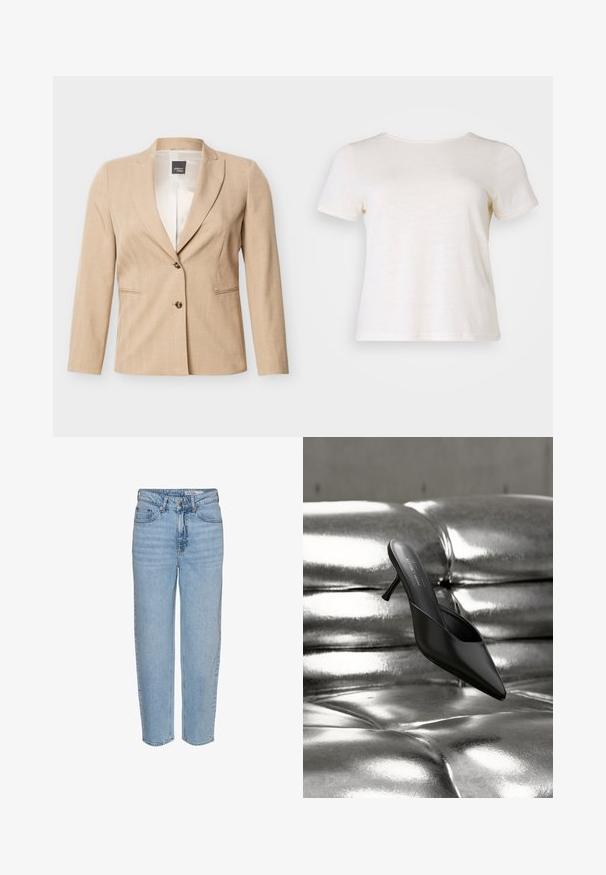 Beige skræddersyet blazer med to knapper og hakkede revers, med indsatte lommer og en glat inderfor.; Cremefarvet t-shirt med korte ærmer og rund halsudskæring, lavet af blødt stof, med en glat tekstur og en afslappet pasform.; Lyseblå denimjeans med høj talje, afslappet pasform og lige ben. Har en knaplukning og let falmet effekt på stoffet.; Sort mule med spids tå og slank hæl placeret på en skinnende, metallisk sølv polstret overflade.