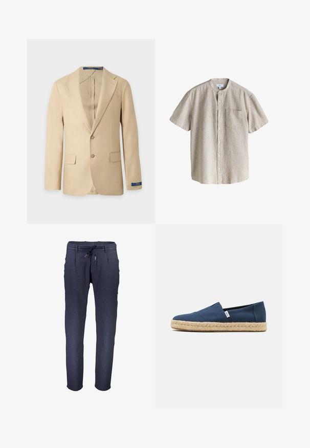 Beiger Herrenblazer mit zwei Knöpfen, gekerbtem Revers, Pattentaschen und Polo Ralph Lauren Etikett am linken Ärmelbündchen.; Beige kurzärmliges Leinenhemd mit Mandarinkragen, Frontknöpfen und Brusttasche, auf weißem Hintergrund dargestellt.; Marineblaue, taillierte Hose aus strukturiertem Stoff, mit einem elastischen Taillenbund, verstellbarem Kordelzug und seitlichen Taschen.; Marineblaue Espadrille-Slipper mit einer gewebten Jutesohle und einem strukturierten Canvas-Obermaterial. Verfügt über ein minimales Design und elastische Seitenpaneele für zusätzlichen Komfort.