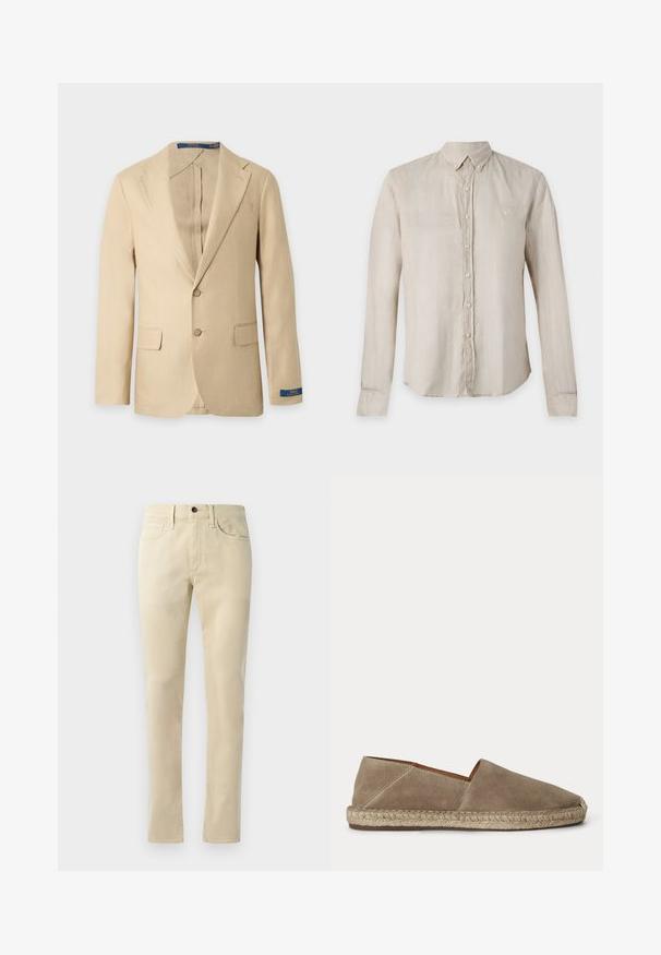 Beiger Herrenblazer mit zwei Knöpfen, gekerbtem Revers, Pattentaschen und Polo Ralph Lauren Etikett am linken Ärmelbündchen.; Beige langärmliges Hemd mit Knöpfen, einem geknöpften Kragen und einem dezent bestickten Logo auf der linken Brust.; Beige Gerade geschnittene Hosen aus Baumwollmischung. Mit Fünf-Taschen-Design, Gürtelschlaufen und einem schwarzen Knopfverschluss an der Taille.; Beiger Wildleder-Espadrilleschuh mit geflochtener Jutesohle und geschlossenem, abgerundetem Zehenbereich, seitlich auf neutralem Hintergrund gezeigt.