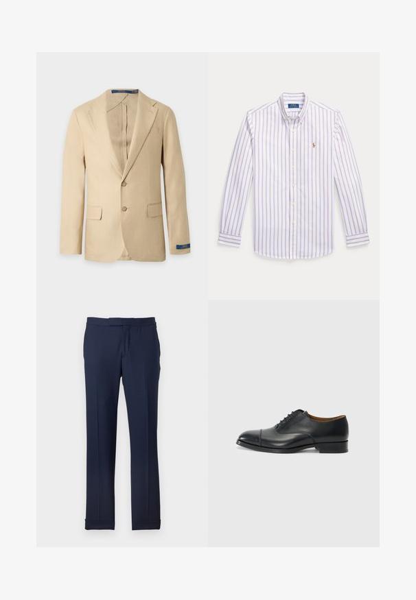 Blazer beige pour homme à deux boutons avec revers crantés, poches à rabat et une étiquette Polo Ralph Lauren sur le poignet de la manche gauche.; Chemise blanche à manches longues avec des rayures verticales violet clair, col boutonné et petit logo brodé sur la poitrine.; Pantalon de costume bleu marine à fines rayures, ajusté avec une jambe droite et fine et des ourlets à revers sur un fond uni.; Chaussure habillée en cuir noir avec une finition lisse, bout arrondi, cinq œillets pour les lacets et un petit talon carré. Design minimaliste avec des coutures discrètes.