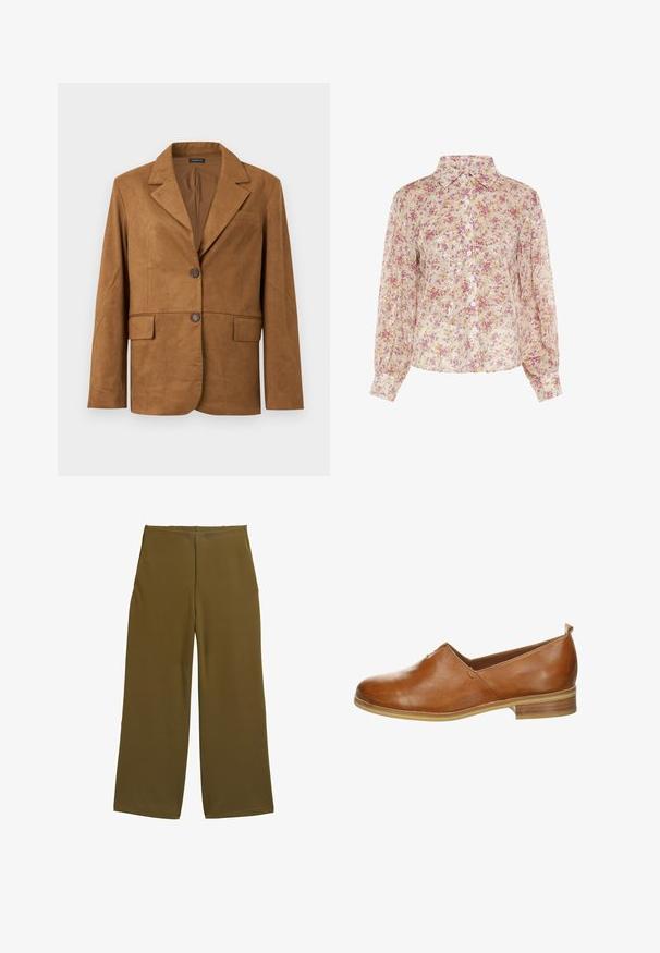 Brun ruskindblazer med hakkede revers, to-knaps lukning, brystlomme og to lommer med klap foran.; Blomstret skjorte med knaplukning i beige med pink og guld palietter. Har klassisk krave og lange ærmer med sammenfoldede manchetter.; Bredde benbukser i olivengrønt stof, med en glat tekstur og ingen synlige lukninger. Designet til en afslappet pasform med rene linjer.; Brun læder slip-on sko med rund tå, glat tekstur og en lav trækant. Simpelt design med minimal detaljering på siderne.