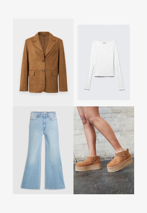 Blazer en daim marron avec revers crantés, fermeture à deux boutons, poche poitrine et deux poches à rabat à l'avant.; Haut blanc à manches longues avec un design croisé et une poche. Fabriqué dans un tissu lisse et extensible. Coupé dans une coupe décontractée et ample.; Jeans évasés bleu clair à taille haute, en denim. Présentent un design classique à cinq poches et un ourlet brut aux poignets.; Bottines en suède marron avec une doublure en peluche, semelle épaisse en beige et une poignée à l'arrière. Surface texturée avec des détails de couture visibles.