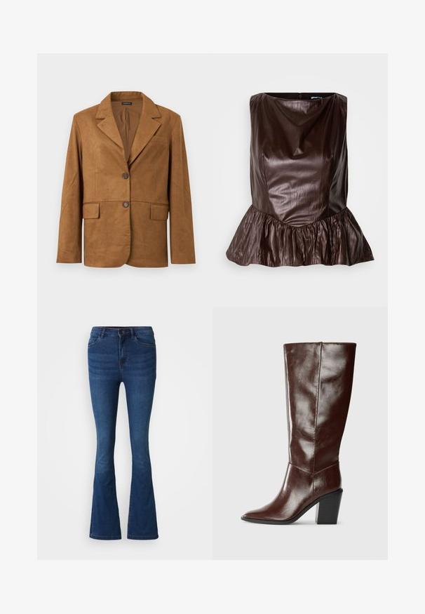 Brun ruskindblazer med hakkede revers, to-knaps lukning, brystlomme og to lommer med klap foran.; Brun læder peplum top med en rund halsudskæring, tekstureret overflade og en flared flæse ved kanten. Rent, minimalistisk design.; Mørkeblå denim flare jeans med for- og baglommer, knap- og lynlåslukning samt slidte detaljer på lår og knæ.; Høj, mørkebrun læderstøvle med spids tå og stablet blokhæl, vist fra siden på en ensfarvet baggrund.
