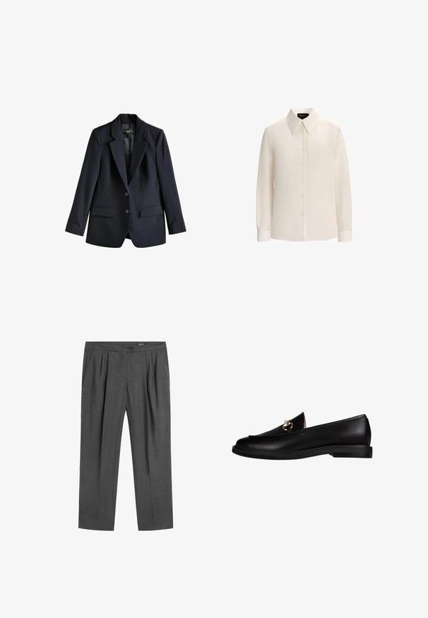 Marineblazer lavet af glat stof, med en spidset revers, to forlommer og to knapper. Simpelt design med en skræddersyet pasform.; Hvid langærmet bluse med spidse krave, otte knaplukninger og knapmanchetter, lavet af et glat, letvægtsstof.; Mørkegrå skræddersyede bukser med forreste læg, sidelommer, knap i taljen og lynlås.; Sorte læder loafers med en glat overflade, med en guldfarvet hardware detalje på vampen og en lav, flad sål.