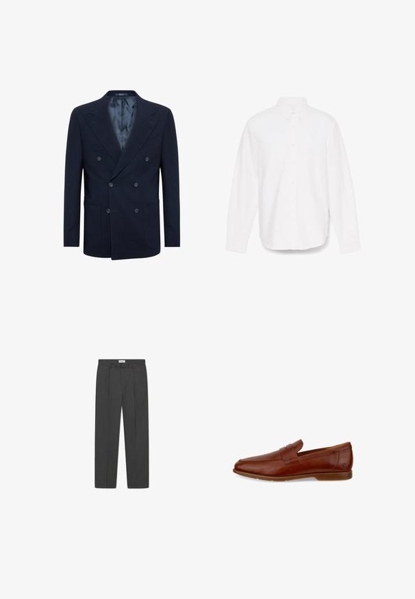 Marineblauer Doppelreiher-Blazer aus strukturiertem Stoff, mit zwei großen Fronttaschen, zwei Knöpfen und einem glatten Innenfutter.; Weißes Hemd mit langen Ärmeln, Knopfverschluss und spitzem Kragen, mit einer einzelnen Tasche und einem dezent strukturierten Stoff. Mit Button-Manschetten und geradem Saum.; Graue maßgeschneiderte Hose mit dezentem Karomuster, strukturiertem Gewebe und vorderen Falten, ausgestattet mit einem Bund mit Gürtelschlaufen.; Braune Leder-Loafer mit glatter Textur, ausgestattet mit einem Riemen über dem Spann und einem minimalistischen Design. Robuste Gummisohle.