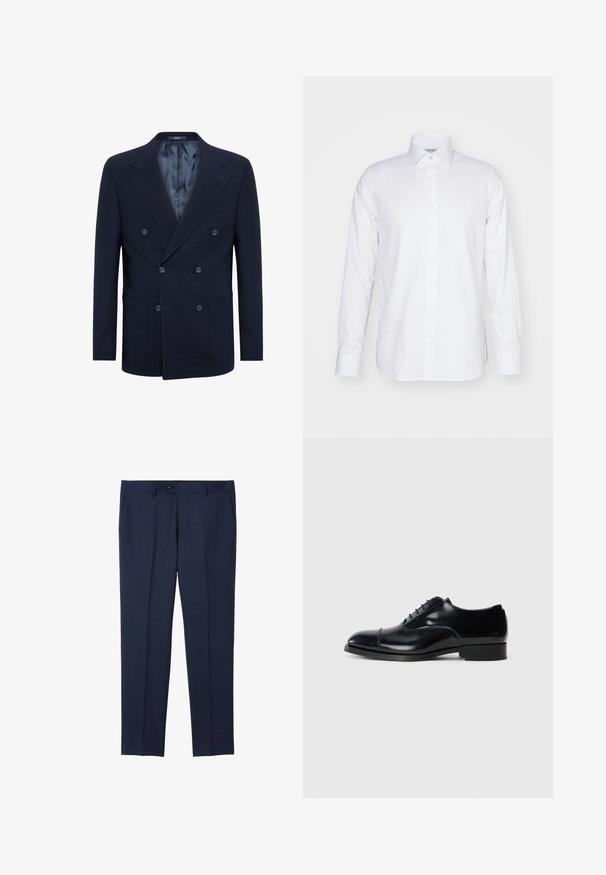 Blazer bleu marine à double boutonnage en tissu texturé, doté de deux grandes poches avant, de deux boutons et d'une doublure intérieure lisse.; Chemise blanche à manches longues en coton, avec un col, un devant à boutons et une coupe ajustée avec des fentes latérales à l'ourlet.; Pantalons taillés navy en tissu lisse. Dotés d'une fermeture à bouton, de poches latérales et d'une coupe droite.; Chaussure de ville en cuir noir avec une finition polie, bout rond, design à lacets et un petit talon empilé, présentant un détail de couture subtil.