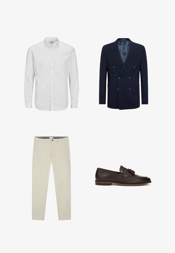 Mørkeblå dobbeltradet blazer lavet af struktureret stof, har to store forlommer, to knapper og en glat indvendig foring.; Hvid, langærmet skjorte med knaplukning lavet af bomuld, med klassisk krave, lige snit og subtil struktur. Standard knaplukning.; Lys beige chinos med lige pasform, lavet af blødt bomuldsstof. Har bæltestropper, forlommer og en enkelt baglomme.; Mørkebrun læderloafer med en glat tekstur, dekorative kvaster og en kontrasterende brun sål. Klassisk slip-on design.