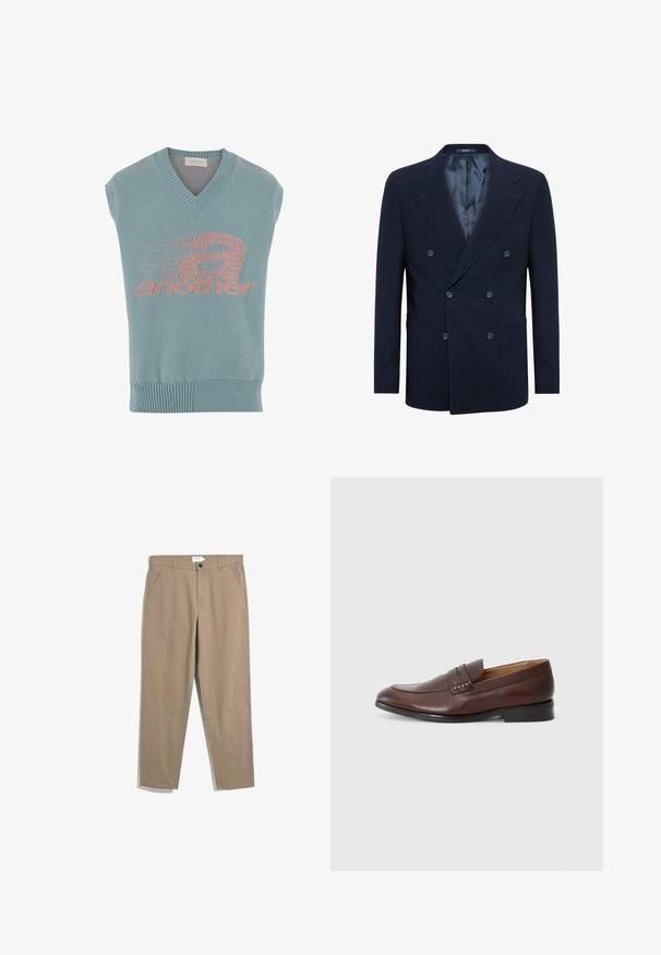 Marineblauer Doppelreiher-Blazer aus strukturiertem Stoff, mit zwei großen Fronttaschen, zwei Knöpfen und einem glatten Innenfutter.; Helles blaues ärmelloses Stricktop mit V-Ausschnitt, das ein rosa grafisches Design mit dem Wort "another" und einem Geschwindigkeitsmotiv zeigt. Gerippter Saum.; Farah NORWOOD - Stoffhose - beige; JOOP! KLEITOS - Slipper - brown