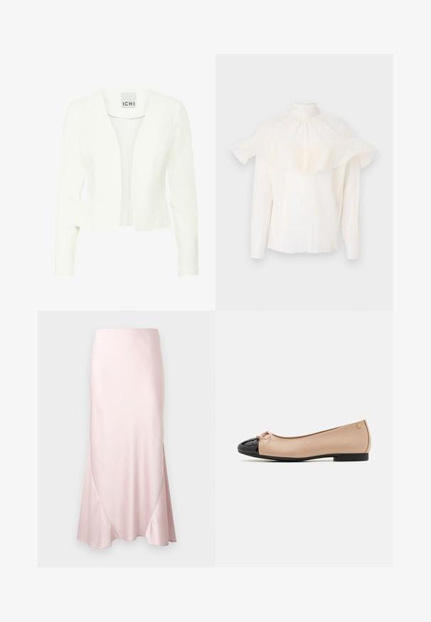 Hvid skræddersyet blazer med lange ærmer, åben frontdesign, lavet af glat stof, med en subtil glans og uden synlige lukninger.; Hvid bluse med høj krave, tekstureret stof og overdimensionerede flæseærmer. Lange ærmer med tætsiddende manchetter, afslappet pasform hele vejen igennem.; Lyserød satin midi-nederdel med A-formet silhuet og fine diagonale sømdetaljer på en ensfarvet baggrund.; Balletsko med en beige satin overdel, sort laklæder tåhætte, lille sløjfedetalje foran og en lav sort hæl.