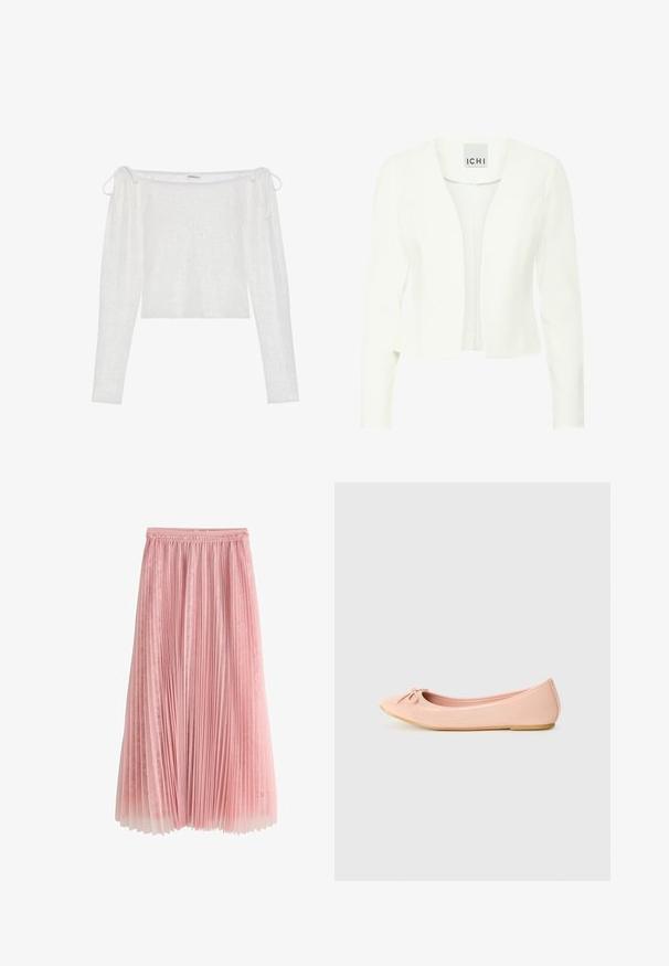 Hvid skræddersyet blazer med lange ærmer, åben frontdesign, lavet af glat stof, med en subtil glans og uden synlige lukninger.; Hvid off-the-shoulder top med lange ærmer, lavet af tekstureret stof, har bindebånd på ærmerne og en lige nederste kant.; Rosa plisseret midi-nederdel med et lag af blonder under og en rynket talje, vist på en hvid baggrund.; Ballet flade sko i lys pink syntetisk materiale med en rund tå, der har en lille sløjfedetalje og en fleksibel sål.