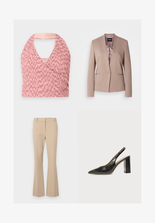 Blush-pinker Blazer mit Reverskragen, einer Knopfverschluss, zwei Fronttaschen und einem glatten Satinfutter. Weicher, strukturierter Stoff.; Helles rosa Halftertop aus strukturiertem Strickstoff mit Wickeldesign, das hinten ein weiches beige Band für einen sicheren Sitz hat.; Beige Stoffhose mit geradem Schnitt, flachem Bund, Gürtelschlaufen und glatter Textur. Keine sichtbaren Taschen oder Muster.; Schwarzer Leder-Slingback-Schuh mit spitzer Kappe, hohem Blockabsatz und beigegefüttertem Innenraum vor hellem, einfarbigem Hintergrund.