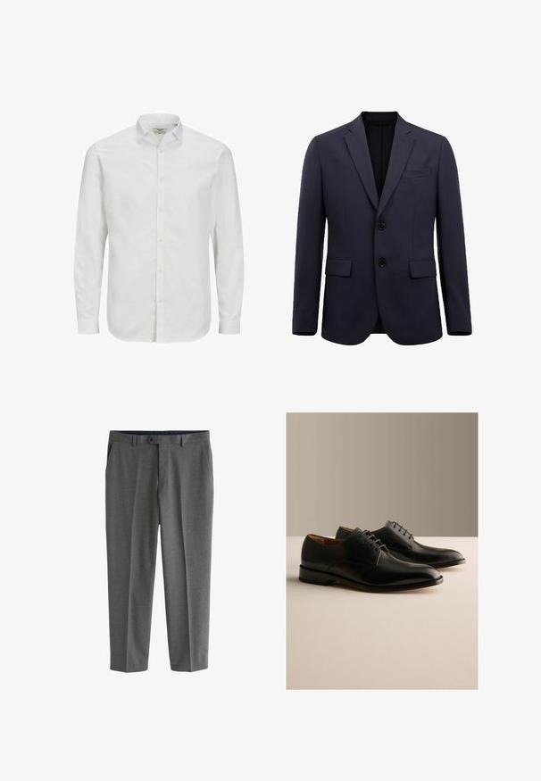 Mørkeblå blazer lavet af tekstureret stof, med en notch lapel, to knapper, to frontlommer og en brystlomme.; Hvid, langærmet skjorte med knaplukning lavet af bomuld, med klassisk krave, lige snit og subtil struktur. Standard knaplukning.; Herre grå skræddersyede bukser med sidelommer, bæltestropper og en knaplukning i taljen.; Par sorte læder formelle snøresko udstillet på en lys overflade med en ensfarvet beige baggrund.