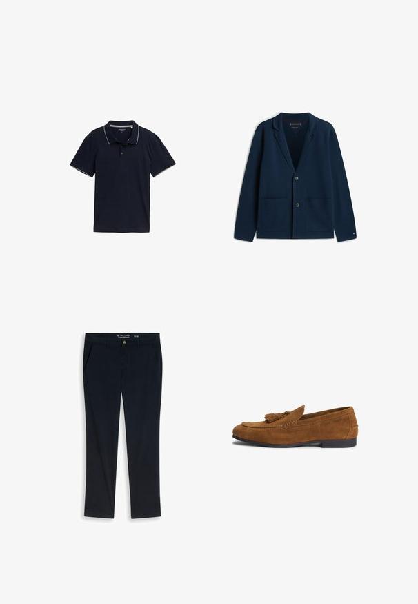 Tommy Hilfiger SMART CASUAL REGULAR FIT - Blazere - dark blue; Mørkeblå polo shirt lavet af bomuld, med en klassisk krave, tre-knap lukning og kontrasterende lys grå trim på kraven og ærmerne.; Herre sorte afslappede bukser med forlommer, knaplukning og bæltestropper, størrelse 32x32, mærket Tom Tailor Tt.Josh Regular.; Brun herre loafer i ruskind med kvastdetalje og lav sort sål, siden præget med mærkets navn.