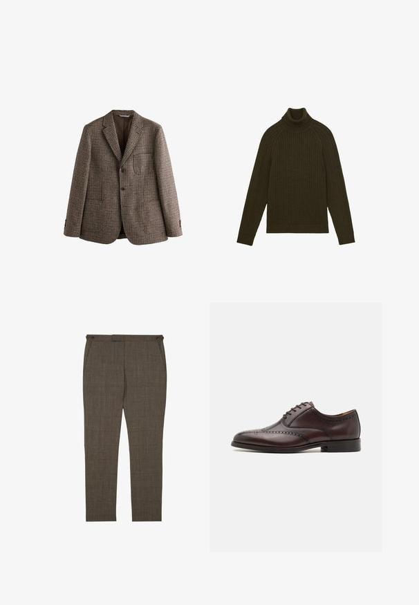 Bruine houndstooth blazer met notch-lapels, twee knopen en voorzakken. Textuurstof met een gladde binnenvoering.; Donkergroen kabelgebreide turtleneck trui met lange mouwen en geribde manchetten en zoom, plat gelegd op een witte achtergrond.; Bruine geruite slim-fit herenbroek met zijzakken en met knopen afgewerkte tailleband, weergegeven op een witte achtergrond.; ALDO DONALD - Zakelijke veterschoenen - dark brown