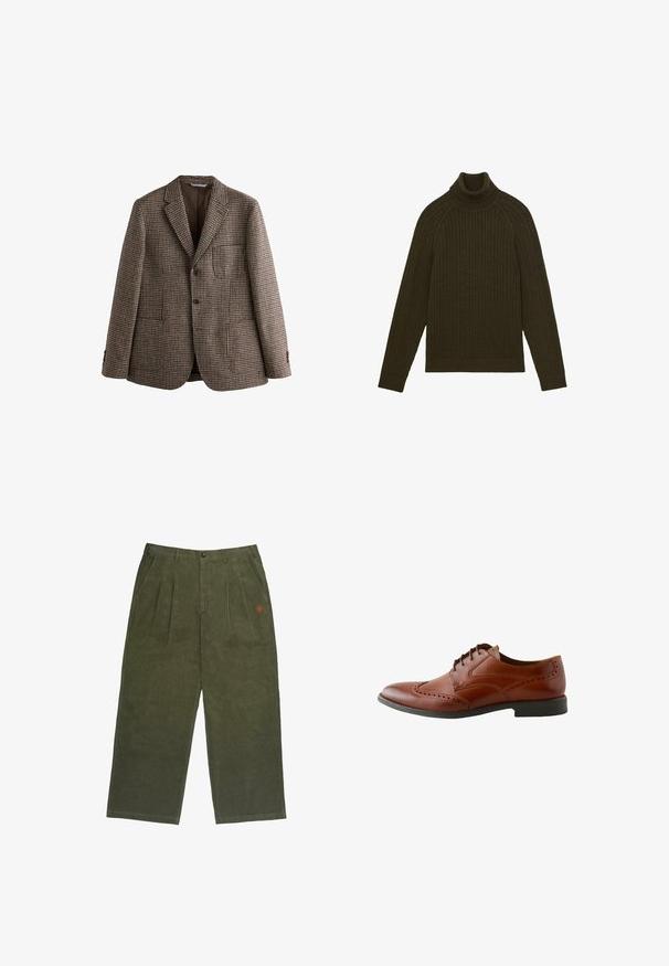 Hnedý houndstooth blejzer s výstrihom do notcha, dvoma gombíkmi a prednými vreckami. Textúrovaná tkanina s hladkým vnútorným podšívaním.; Tmavou olivovú zelenú svetrovú blúzku s vysokým golierom a dlhými rukávmi, s rebrovanými manžetami a lemom, položenú na bielom pozadí.; Olivové kordové nohavice s voľným strihom, s zapínaním na gombík, prednými skladmi a malým vyšitým logom v červenej farbe.; Hnedá kožená pánska brogue obuv s detailmi wingtip a čiernou podrážkou, pohľad zboku na bielom pozadí.