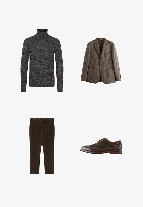 Blazer marrón de patrón de espiga con solapas de muesca, dos botones y bolsillos frontales. Tejido texturizado con un forro interior suave.; Suéter de cuello alto de punto en gris oscuro con un patrón texturizado. Presenta un diseño ajustado y una etiqueta tejida en la parte inferior frontal.; Pantalones de pana marrones con un diseño de pierna recta, que cuentan con un cierre de botón, bolsillos laterales y una textura suave.; Zapato brogue de piel marrón oscuro con puntera alada, perforaciones decorativas, cierre con cordones y suela de madera con tacón estratificado.