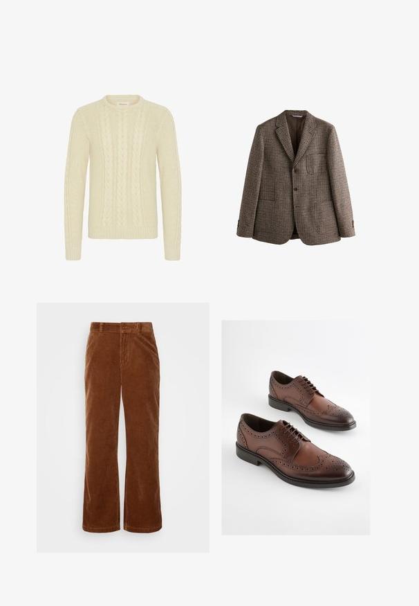 Blazer marrón de patrón de espiga con solapas de muesca, dos botones y bolsillos frontales. Tejido texturizado con un forro interior suave.; Blend BHBASIM - Jersey de punto - oyster gray; Pantalones de pana marrón con un diseño de pierna ancha, que presentan una textura acanalada vertical, cierre de botón y trabillas para cinturón estándar.; Zapatos de vestir brogue de cuero marrón con detalles perforados y suelas negras, mostrados uno al lado del otro sobre un fondo blanco.