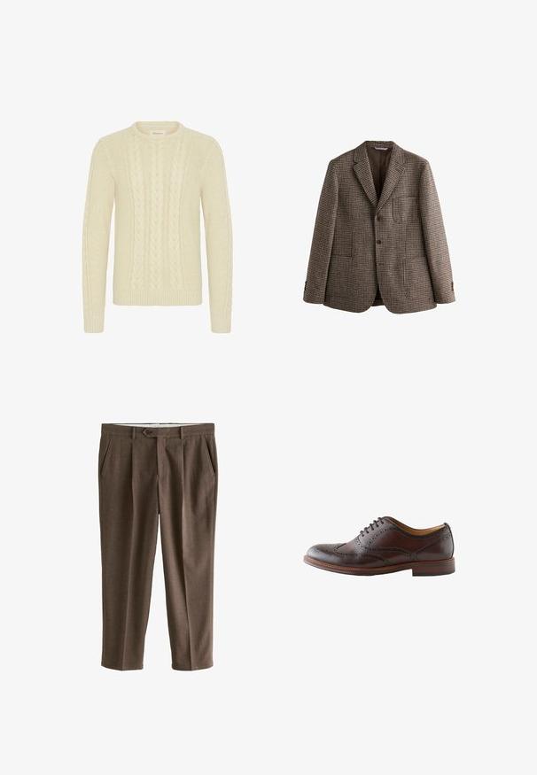 Blazer marrón de patrón de espiga con solapas de muesca, dos botones y bolsillos frontales. Tejido texturizado con un forro interior suave.; Blend BHBASIM - Jersey de punto - oyster gray; Pantalones marrones texturizados a medida con cierre de botones, pliegues delanteros y bolsillos laterales, mostrados planos sobre un fondo blanco.; Zapato brogue tipo wingtip de cuero marrón oscuro con detalles perforados y cordones, mostrado desde el lado exterior sobre un fondo blanco.