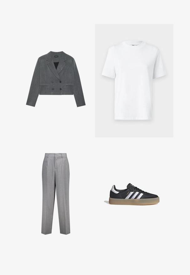 Blazer gris ajustado con un diseño de doble botonadura, que cuenta con dos botones negros, solapas con muesca y un sutil patrón texturizado.; Camiseta de algodón blanca de cuello redondo con mangas cortas y una textura suave. Diseñada con un ajuste relajado para mayor comodidad y versatilidad.; Pantalones a rayas grises con un corte ajustado, que presentan un diseño de pierna recta, bolsillos laterales y una tela texturizada.; Zapatilla deportiva de cuero negro con tres rayas plateadas, punta texturizada y suela de goma. Cuenta con un collar acolchado y un diseño con cordones.