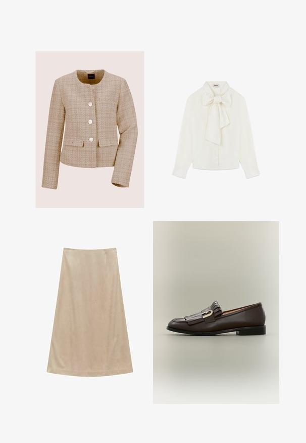 Beige gestructureerde tweed jas met ronde hals, lange mouwen, drie grote ronde knopen en twee klepzakken aan de voorkant.; Rodier TIE NECK - Overhemdblouse - blanc; Een beige A-lijn rok van zachte stof, met een gladde textuur en strakke lijnen, met een middellange snit en zonder zichtbare patronen of hardware.; Donkerbruine leren loafer met franje-detail en gouden gesp op een neutrale achtergrond, zijaanzicht.