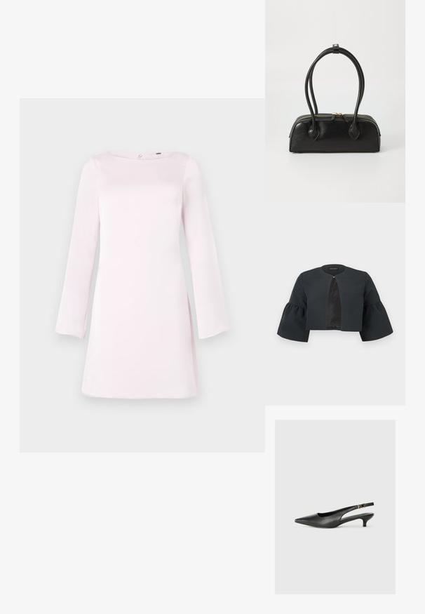Mustast lühendatud jakk ümara kaeluse, laiade kolmveerandvarrukatega kellakujuliste varrukatega ja väikese kinnitusklambriga esikeskmes.; Heled roosa pika varrukaga kleit, millel on paadikaelus ja sirge lõige, valmistatud siledast kangast, millel on kerge läige ja külgmised lõhikud.; Must musta säärega king, mis on valmistatud siledast nahast. Omab peenikest kontsa ja reguleeritaval rihmal on pandla detail.; Must mustroheline nahast käekott kahe pikema käepidemega, lukuga ja ümar kuju; sile tekstuur kerge läikiva viimistlusega.