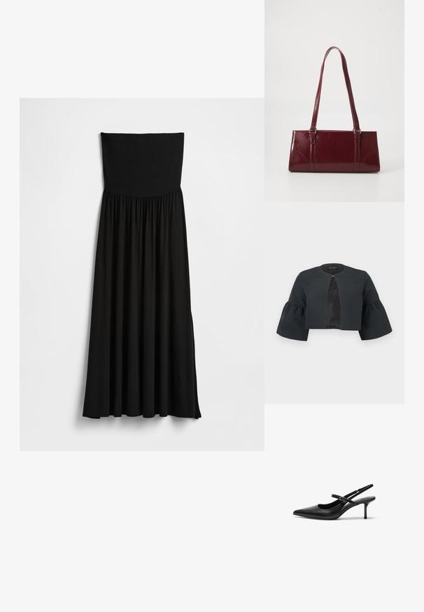 Μαύρο cropped μπουφάν με στρογγυλή λαιμόκοψη, φαρδιές μανσέτες τριών τετάρτων με καμπάνα και μικρό κούμπωμα στο κέντρο μπροστά.; Μαύρο μακρύ φόρεμα χωρίς τιράντες με ελαστικό κορσέ, πτυχωτή φούστα, απαλό ύφασμα και ρέουσα σιλουέτα με πλαϊνές χαρακιές.; Μαύρες δερμάτινες γόβες slingback με λεπτή μύτη, λεπτή ρυθμιζόμενη λουρί και περίπου 5 εκ. τακούνι στιλέτο, απαλή υφή.; Μπορντό τσάντα ώμου από γυαλιστερό υλικό, ορθογώνιο σχήμα, με δύο ιμάντες ώμου και λεπτές καμπύλες λεπτομέρειες στο μπροστινό μέρος.