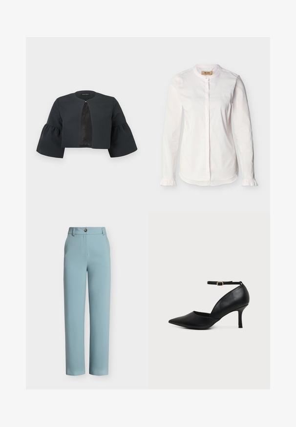 Veste noire courte avec encolure ronde, larges manches cloche trois-quarts et petite fermeture à clip au centre avant.; Blouse blanche à manches longues avec col mao, patte de boutonnage dissimulée, fines rayures verticales et poignets à volants, présentée sur un fond uni.; Pantalon bleu clair à jambes droites avec passants de ceinture, fermeture par bouton et poches latérales avant sur fond uni.; Chaussure en cuir noir à bout pointu avec talon kitten, bride à la cheville et boucle dorée sur fond neutre.