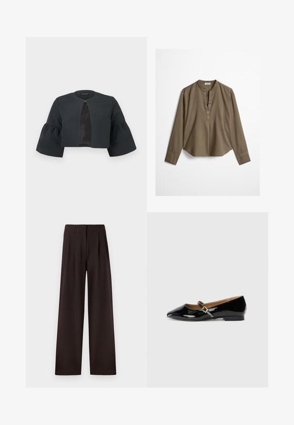 Sort kort jakke med rund halsudskæring, brede trekvart lange klokkeærmer og lille spænde foran midtpå.; Brun langærmet casual bluse med mandarin-krave, frontplisse og let buet kant, lagt fladt på en hvid baggrund.; Mørkebrune bukser med vide ben, plisseringer og bæltestropper, med lynlås foran og ren kant mod en ensfarvet baggrund.; Sorte patenterede lædersko med spids tå, ankelrem med en guldfarvet spænde og en lav blokhæle. Glat, skinnende overflade.