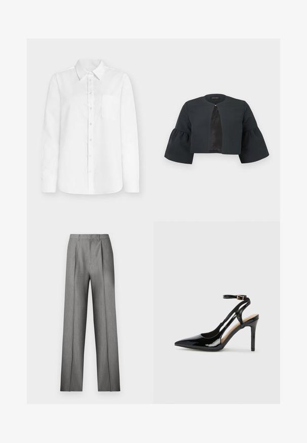 Veste noire courte avec encolure ronde, larges manches cloche trois-quarts et petite fermeture à clip au centre avant.; Chemise blanche à manches longues en coton, dotée d'un col pointu, d'une fermeture intégrale à boutons, et d'une poche poitrine gauche. Texture lisse.; Pantalon gris sur mesure avec un devant plissé, une coupe droite et une texture subtile. Il présente une taille avec passants pour ceinture et aucune poche visible.; Escarpin en cuir verni noir à talon haut, avec un bout pointu, une bride réglable à la cheville et des côtés ouverts. Texture lisse.