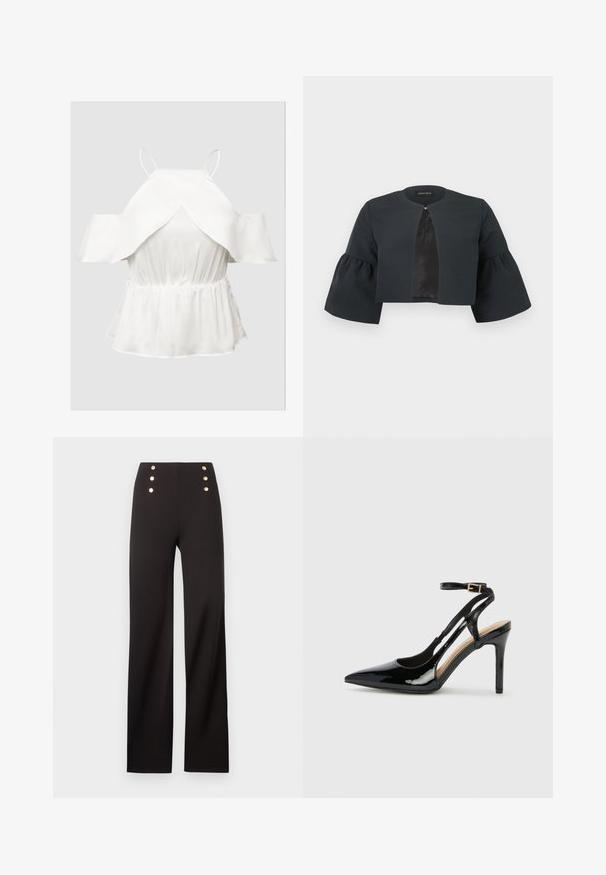 Zwarte cropped jas met ronde halslijn, brede driekwartflared mouwen en een klein sluitinkje aan de voorzijde in het midden.; Witte off-shoulder top met gefronkle mouwen, textuurstof, getailleerde taille en een uitlopende zoom. Dunne verstelbare spaghettibandjes.; Zwart, wijde broek met hoge taille en zes goudkleurige sierknopen in twee verticale rijen vlakbij de tailleband.; Zwarte lakleren hoge hak slingback schoenen met spitse neus, verstelbare enkelband en open zijkanten. Gladde textuur.