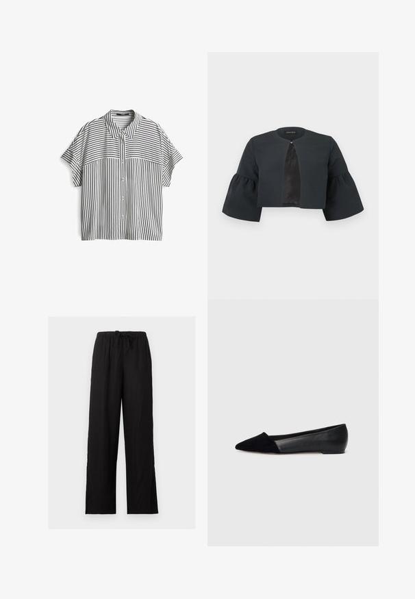 Schwarze, kurz geschnittene Jacke mit rundem Ausschnitt, weiten dreiviertel Glockenärmeln und kleinem Verschluss in der vorderen Mitte.; Kurzärmeliges Hemd mit Knopfleiste, das ein schwarz-weiß gestreiftes Muster aufweist, mit Kragen und lockerer Passform. Glatte Stofftextur.; Schwarze Hose mit weitem Bein, elastischem Bund und Kordelzug, aus leichtem Stoff gefertigt, vor einfarbigem Hintergrund dargestellt.; Schwarzer flacher Schuh mit spitzer Zehe. Aus Leder und Wildleder gefertigt. Glatte Textur mit einem kontrastierenden matten Finish an der Zehe.