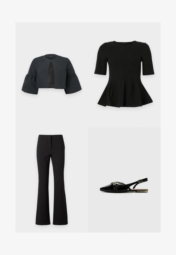 Veste noire courte avec encolure ronde, larges manches cloche trois-quarts et petite fermeture à clip au centre avant.; Top en peplum noir à manches courtes avec un col rond et des détails de coutures verticales, présenté sur un fond blanc.; Pantalon évasé noir en tissu lisse, présentant un pli frontal, des passants de ceinture et une coupe ajustée. Design épuré sans motifs visibles.; Des chaussures slingback en cuir verni noir avec un bout pointu, ornées de deux boucles dorées et d'un petit talon. Texture lisse et design minimaliste.