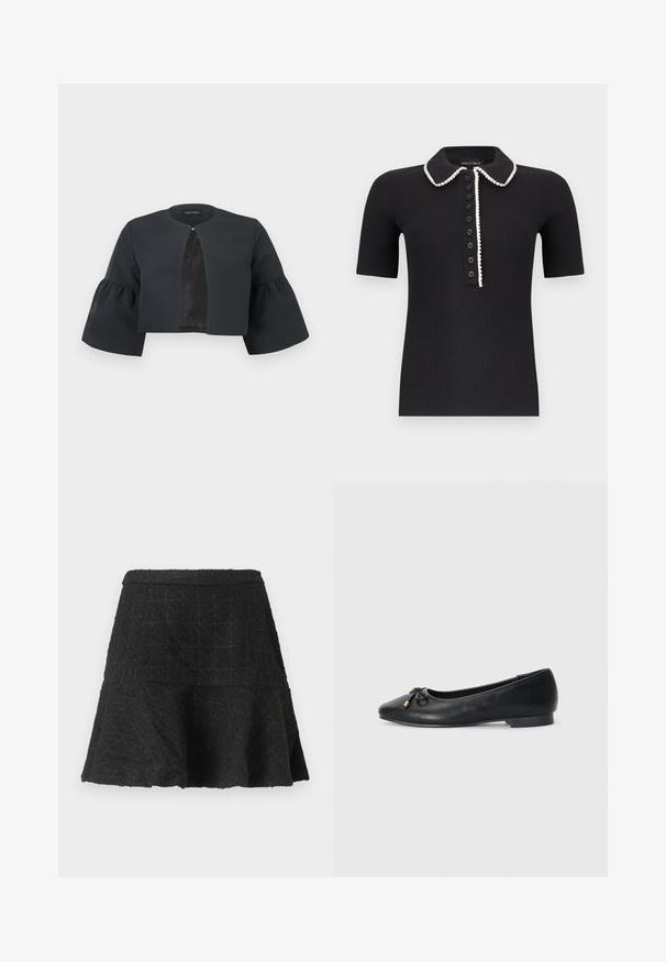 Sort kort jakke med rund halsudskæring, brede trekvart lange klokkeærmer og lille spænde foran midtpå.; Sort ribstrikket kortærmet poloshirt med hvid kant langs kraven og knapstolpen, med syv sorte knapper foran.; Sort tekstureret A-formet nederdel med flæset kant og diskret ternet mønster på ensfarvet baggrund.; Sort læder balletflade med spids tå, med en lille sløjfedetail og gyldne accenter, samt en lav, rund hæl.