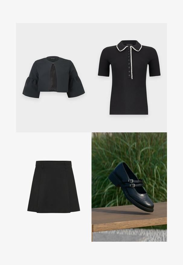 Veste noire courte avec encolure ronde, larges manches cloche trois-quarts et petite fermeture à clip au centre avant.; Polo noir à manches courtes côtelé avec bordure blanche le long du col et de la patte de boutonnage, comportant sept boutons noirs à l'avant.; Jupe plissée noire avec une taille structurée. Fabriquée à partir d'un tissu texturé, elle présente des plis distincts et un ourlet droit.; Chaussure Mary Jane en cuir noir avec doubles brides bouclées et détails brogue, flottant au-dessus d'un banc en bois avec en arrière-plan de l'herbe verte.