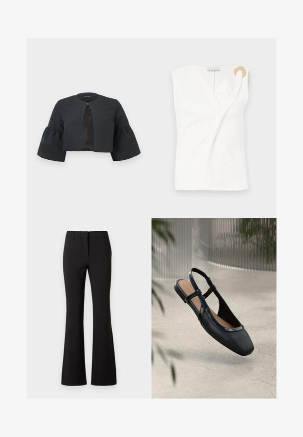 Veste noire courte avec encolure ronde, larges manches cloche trois-quarts et petite fermeture à clip au centre avant.; Blouse sans manches blanche avec un design croisé, présentant un détail décoratif en forme d'anneau doré sur l'épaule droite.; Pantalon évasé noir en tissu lisse, présentant un pli frontal, des passants de ceinture et une coupe ajustée. Design épuré sans motifs visibles.; Chaussure plate slingback en cuir noir avec un orteil carré, dotée d'un fini verni brillant et de sangles ajustables pour un maintien sécurisé.