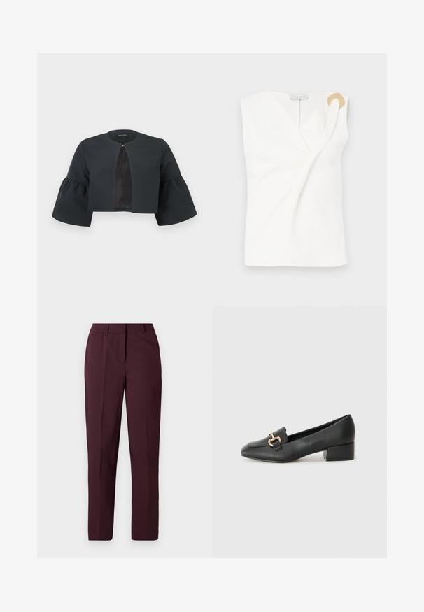 Zwarte cropped jas met ronde halslijn, brede driekwartflared mouwen en een klein sluitinkje aan de voorzijde in het midden.; Mouwloze witte blouse met een wikkelontwerp, voorzien van een decoratieve ring in goudkleur op de rechter schouder.; Bordeauxrode rechte broek met een gladde textuur, voorzien van een vlakke voorkant en zonder zichtbare zakken. Op maat gemaakt ontwerp met een klassieke pasvorm.; Zwarte leren loafers met blokhak, een puntige neus en een goudkleurig metalen detail aan de voorkant, voorzien van een gladde textuur en een minimalistisch ontwerp.