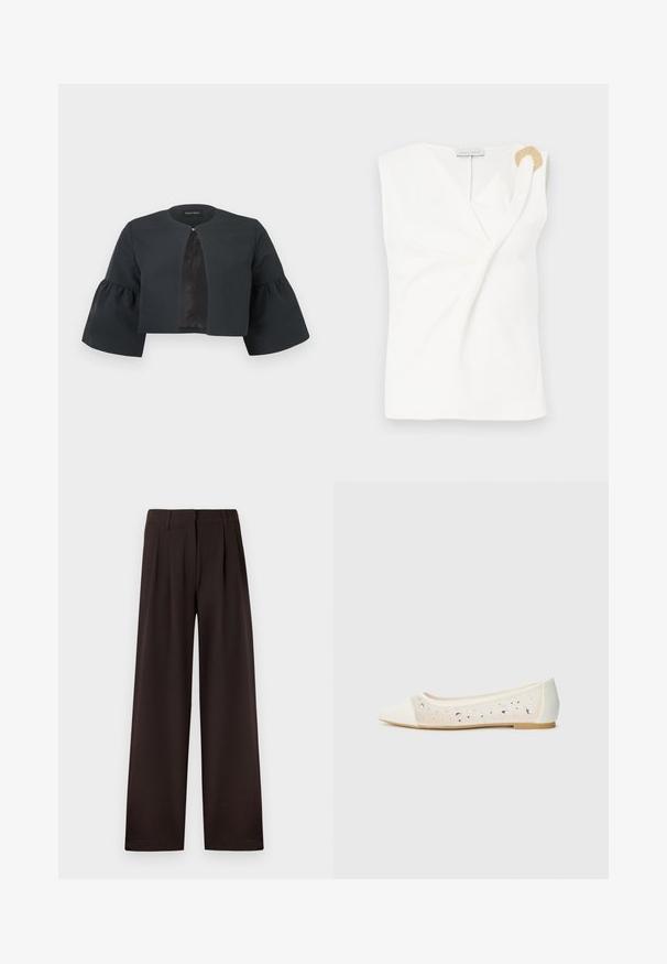 Veste noire courte avec encolure ronde, larges manches cloche trois-quarts et petite fermeture à clip au centre avant.; Blouse sans manches blanche avec un design croisé, présentant un détail décoratif en forme d'anneau doré sur l'épaule droite.; Pantalon marron foncé à jambes larges avec plis et passants pour ceinture, doté d'une fermeture éclair avant et d'un ourlet net sur un fond uni.; Mocassins à bout pointu en cuir crème avec un dessus transparent ornés de strass dispersés. Semelle douce pour le confort, design minimaliste.