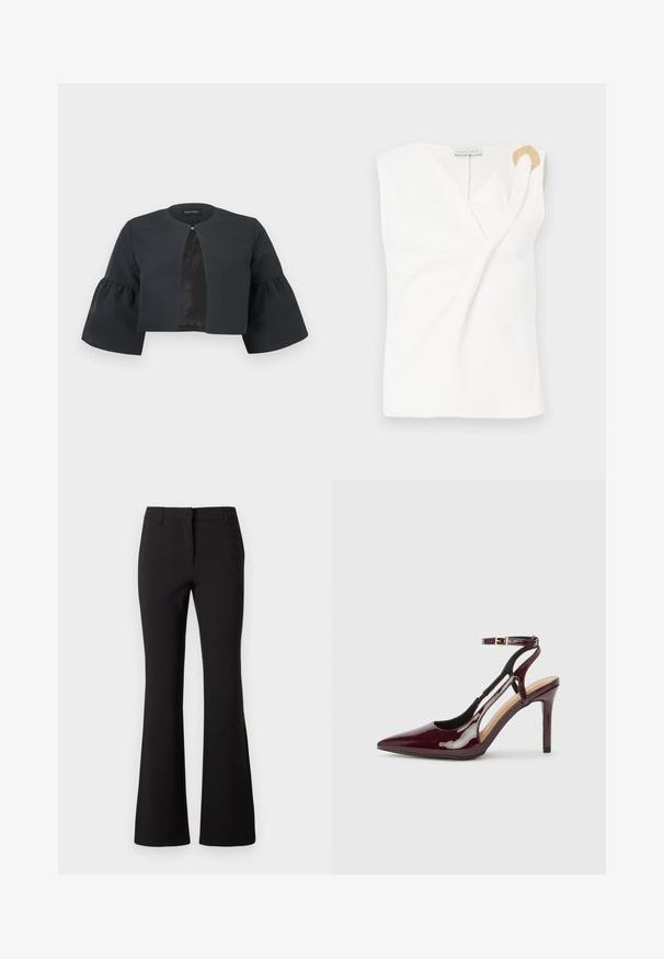 Veste noire courte avec encolure ronde, larges manches cloche trois-quarts et petite fermeture à clip au centre avant.; Blouse sans manches blanche avec un design croisé, présentant un détail décoratif en forme d'anneau doré sur l'épaule droite.; Pantalon évasé noir en tissu lisse, présentant un pli frontal, des passants de ceinture et une coupe ajustée. Design épuré sans motifs visibles.; Chaussure à talon haut en cuir verni bordeaux avec bout pointu, sangle de cheville et découpes sur les côtés. Fini élégant et brillant.