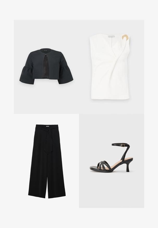 Veste noire courte avec encolure ronde, larges manches cloche trois-quarts et petite fermeture à clip au centre avant.; Blouse sans manches blanche avec un design croisé, présentant un détail décoratif en forme d'anneau doré sur l'épaule droite.; Pantalons larges noirs en tissu texturé, avec une taille élastique et une ceinture à nouer amovible à la taille pour un ajustement variable.; Sandales à talons noirs avec plusieurs fines lanières sur le bout, une seule lanière à la cheville avec une boucle dorée, et un bout carré.