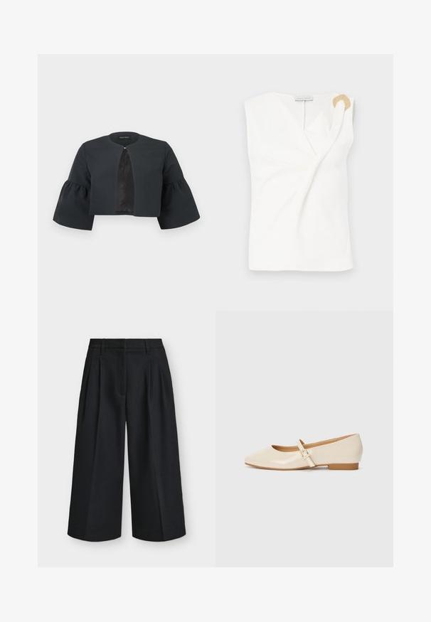 Μαύρο cropped μπουφάν με στρογγυλή λαιμόκοψη, φαρδιές μανσέτες τριών τετάρτων με καμπάνα και μικρό κούμπωμα στο κέντρο μπροστά.; Αμάνικο λευκό μπλουζάκι με σχέδιο περιτυλίγματος, που διαθέτει μια διακοσμητική χρυσή λεπτομέρεια σε σχήμα δακτυλίου στον δεξί ώμο.; Μαύρο παντελόνι ευρύχωλο και κομμένο στο ύψος της γάμπας με πιέτες και θηλιές για ζώνη, τοποθετημένο επίπεδα σε μονόχρωμο ανοιχτό φόντο.; Μπεζ παλτό δερμάτινα μπαλαρίνες με τετράγωνη μύτη, μικρό τακούνι και ρυθμιζόμενο λουράκι στον αστράγαλο με χρυσή αγκράφα.