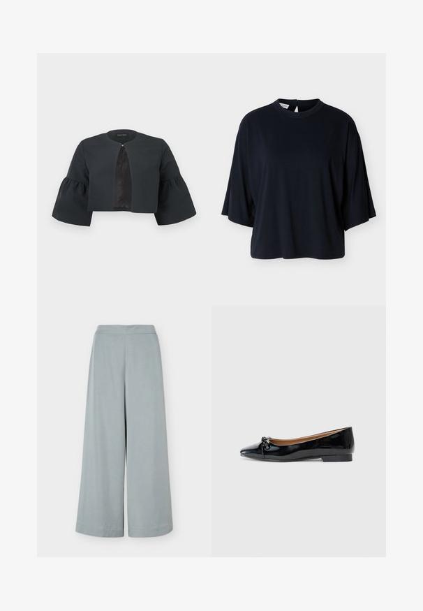 Veste noire courte avec encolure ronde, larges manches cloche trois-quarts et petite fermeture à clip au centre avant.; Chemise noire à manches courtes oversize avec col rond et fermeture par bouton dans le dos, présentée sur un fond blanc.; Pantalon large bleu clair à taille haute et lignes épurées, montré à plat sur fond blanc.; Ballerines en cuir verni noir avec un bout pointu, un petit nœud à l'avant et un petit talon carré. Texture lisse et brillante.