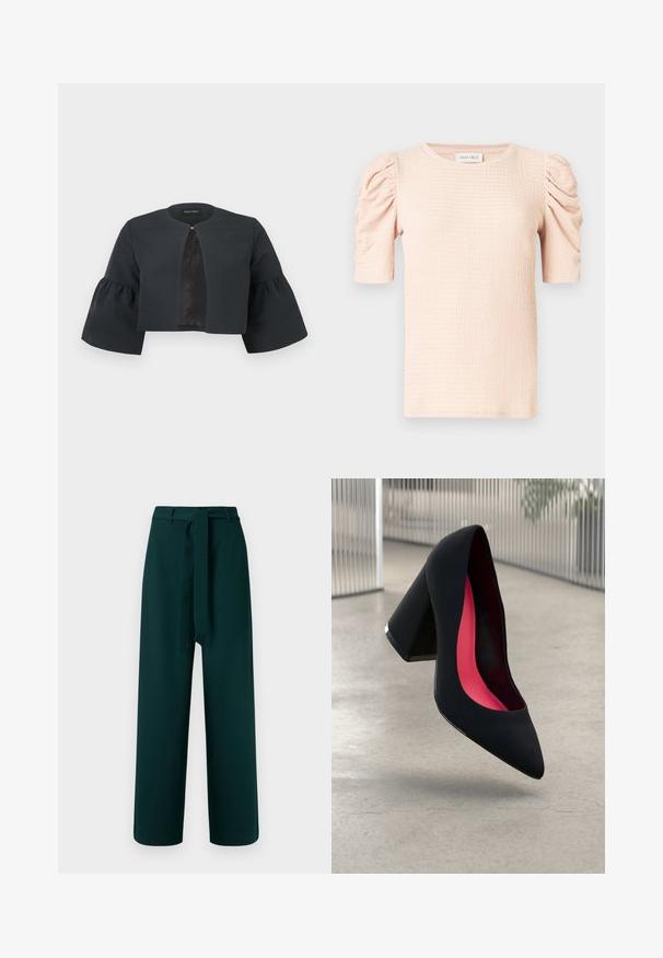 Veste noire courte avec encolure ronde, larges manches cloche trois-quarts et petite fermeture à clip au centre avant.; Blouse rose clair à manches courtes avec épaules bouffantes, tissu texturé et encolure ronde. L'étiquette indique "ANNA FIELD".; Pantalon vert à coupe large, avec passants de ceinture, ceinture en tissu nouée et texture lisse ; présente une taille haute et aucun motif visible.; Chaussure à talon haut noire avec un bout pointu et une tige texturée. Intérieur avec une doublure rose vif. Talon carré avec un accent métallique à la base.