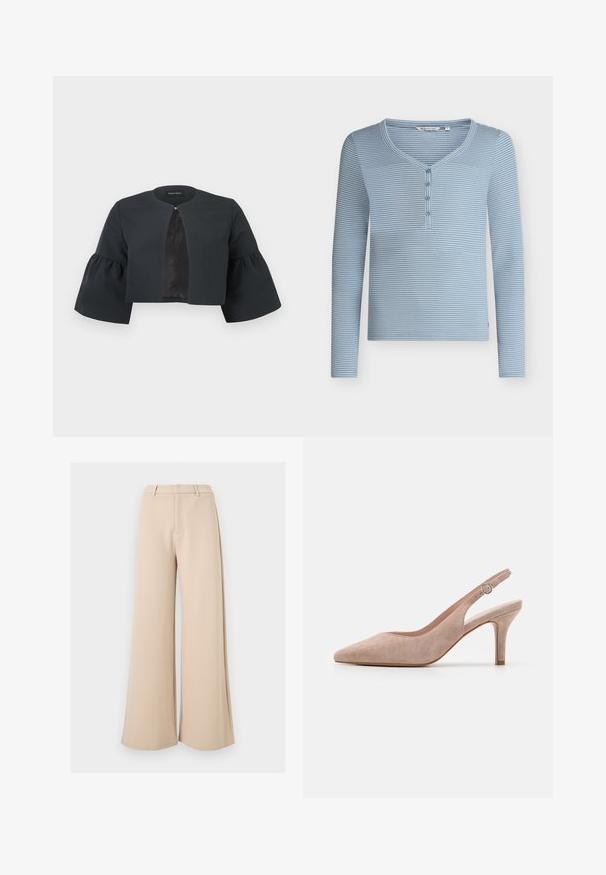 Zwarte cropped jas met ronde halslijn, brede driekwartflared mouwen en een klein sluitinkje aan de voorzijde in het midden.; Blauw-wit horizontaal gestreept henleyshirt met lange mouwen, vier knopen en een afgeronde V-hals.; Beige wijde broek met hoge taille, riemlussen en een verborgen sluiting aan de voorkant, op een witte achtergrond.; Slingback hoge hak schoen in zacht beige suède, spitse neus, slanke hak en verstelbare enkelband met een ronde gesp.
