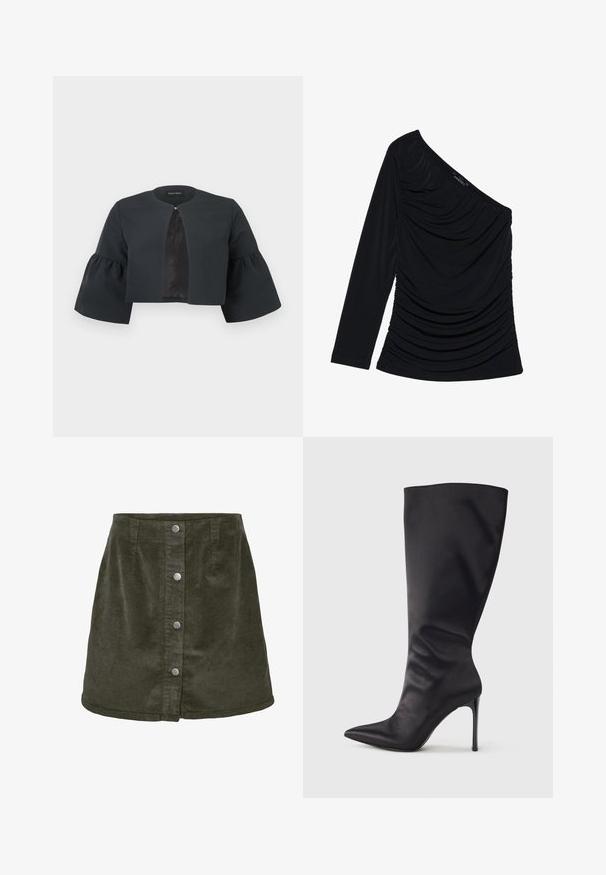Zwarte cropped jas met ronde halslijn, brede driekwartflared mouwen en een klein sluitinkje aan de voorzijde in het midden.; Zwarte lange mouwen top met een off-shoulder ontwerp, textuur ruching aan de voorkant en een gladde stofafwerking.; Donkergroene corduroy mini-jurk in A-lijn vorm, met vijf zilveren knoopsluitingen aan de voorkant en verticale ribbelstructuur.; Zwarte kniehoge stiletto laars gemaakt van glad, glanzend materiaal; puntige neus; aansluitende pasvorm met subtiele plooien bij de enkel; glanzende hak.