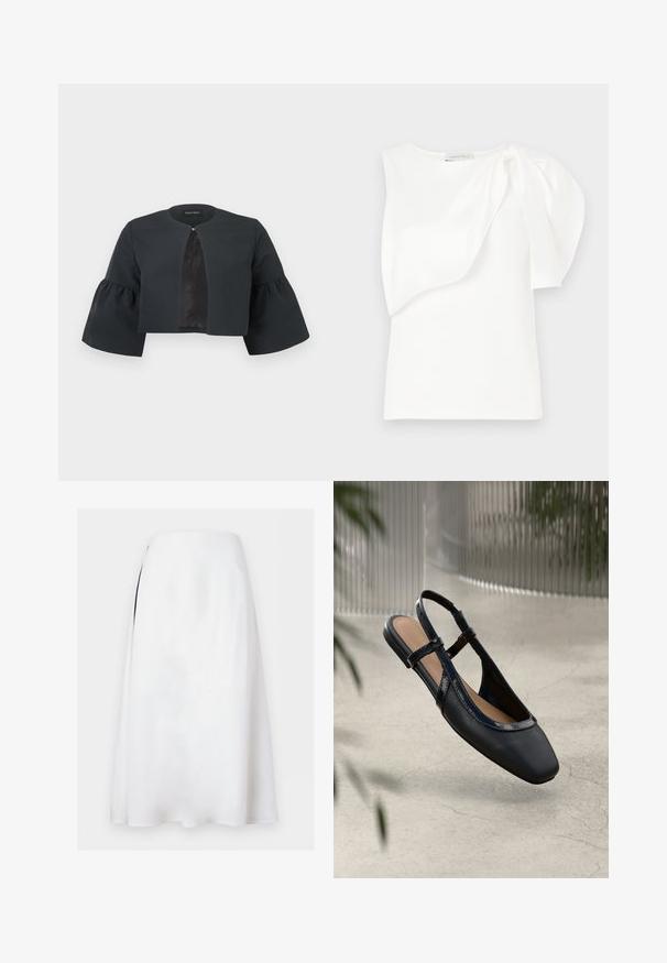 Zwarte cropped jas met ronde halslijn, brede driekwartflared mouwen en een klein sluitinkje aan de voorzijde in het midden.; Witte mouwloze top met asymmetrisch gelaagd stoffen detail en geplooide pof op één schouder, plat gelegd op een witte achtergrond.; Witte A-lijn midi-rok met een hoge taille en subtiele zijsplit op een effen achtergrond.; Zwarte leren slingback ballerina met een vierkante neus, voorzien van een glanzende lakrand en verstelbare banden voor een veilige pasvorm.