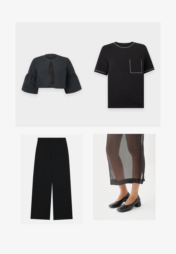Sort kort jakke med rund halsudskæring, brede trekvart lange klokkeærmer og lille spænde foran midtpå.; Sort T-shirt med korte ærmer og hvid kontrastsyning på kraven, ærmekanterne og en brystlomme på venstre side.; Breddebenede sorte bukser lavet af et glat stof. Har en flad talje med bæltestropper og ingen synlige lommer. Simpelt design.; Sorte sko med blokhæle og glat læderfinish, båret med et gennemsigtigt sort skørt med en ren kant og minimalistisk design.