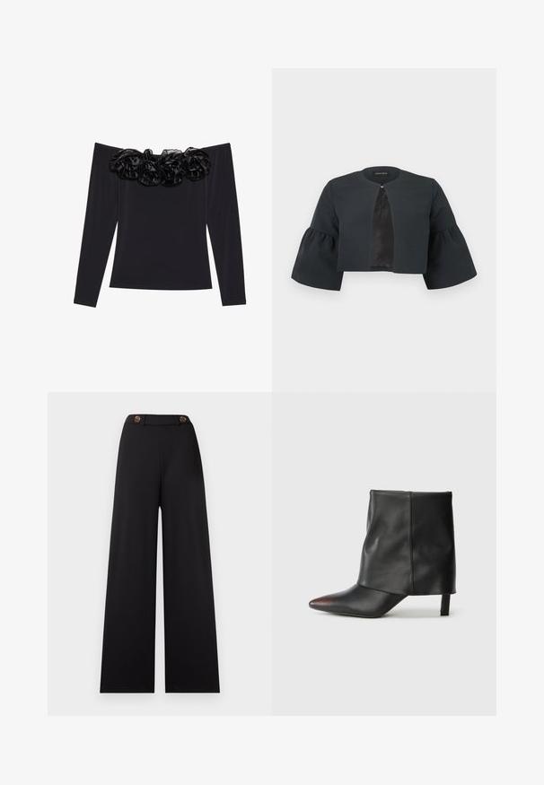 Sort kort jakke med rund halsudskæring, brede trekvart lange klokkeærmer og lille spænde foran midtpå.; Sort off-shoulder top med lange ærmer, der har en tekstureret blomsterkant i sort velour langs halsudskæringen.; Sorte bukser med vide ben og høj talje, der har to brune knapper og et glat, tekstureret stof. Ingen mønstre eller yderligere accenter.; Sort ankelstøvle lavet af glat læder med spids tå og tilspidset hæl. Overdelen har et let rynket design.